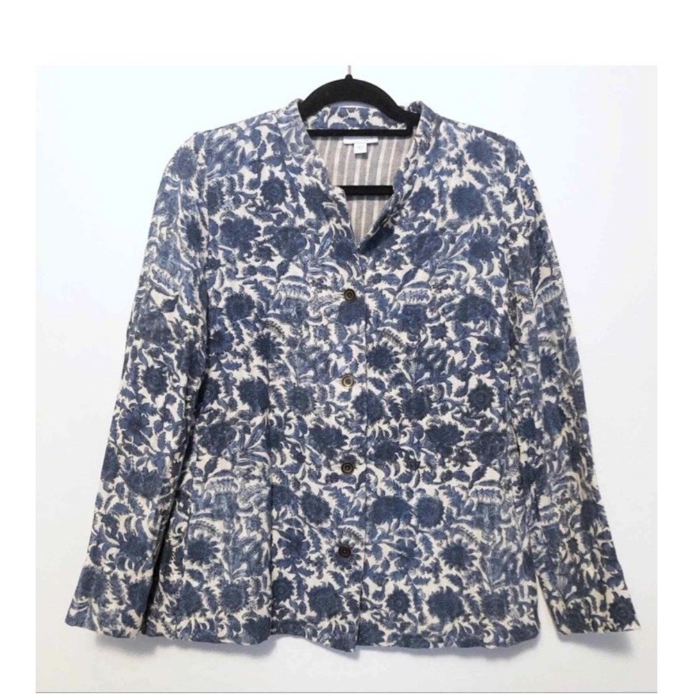 J Jill Jacket Womens Medium Blue Floral Cotton Button Front Casual Artsy Print